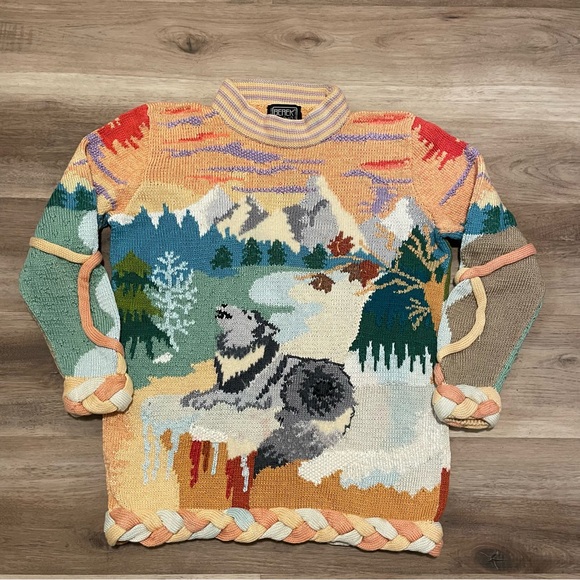 berek Sweaters - Vtg Berek by Marta D Hand knit 3D Wolf Sweater Crewneck Womens M Wearable Art